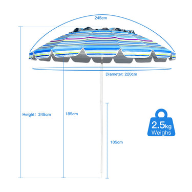 2.45 m Beach Umbrella W/Carrying Bag, UPF50 + Sun Protection Sunshade Shelter - PatiojoyAU