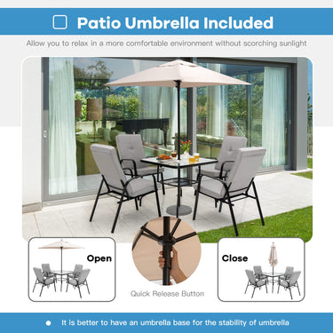 6 Pieces Patio Dining Set, Outdoor Furniture Set w/Umbrella, 87cm Square Steel Tempered Glass Table w/4.2cm Umbrella Hole