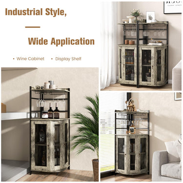 Industrial Corner Bar Cabinet with Glass Holder and Adjustable Shelf