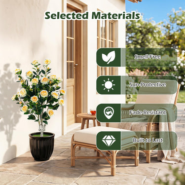 Artificial Camellia Tree, Faux Flower Plant Tree in Cement-Filled Pot