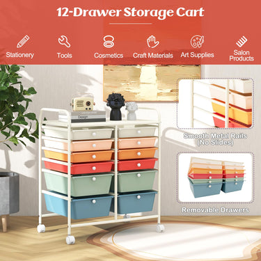 Movable 12-Drawer Storage Trolley with 2 lockable for Home Office