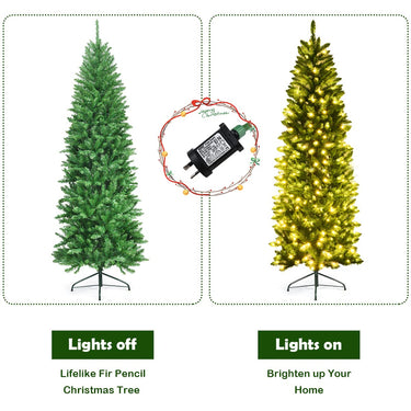 1.5/1.8/2.1m Pre-lit Pencil Christmas Tree,Artificial Hinged Fir Christmas Tree