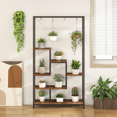 6-tier Tall Plant Stand, 180 CM Metal Indoor Plant Shelf w/ 10 Hanging Hooks & Wire Shelf for Multiple Plants - PatiojoyAU