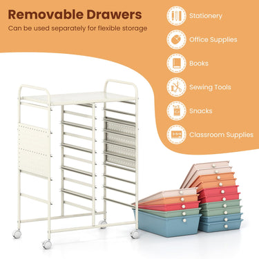 15-Drawer Rolling Cart with Pegboard and 2 Locking Brakes