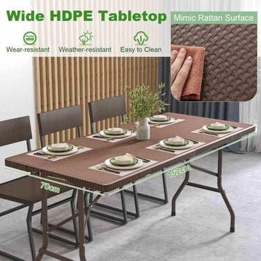 1.5m Folding Picnic Table with Rattan Grain HDPE Tabletop and Sturdy Metal Fame