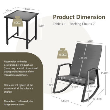 3 Pieces Patio Furniture Set, Durable Mix Gray PE Rattan Rocking Chairs with Tempered Glass Side Table - PatiojoyAU