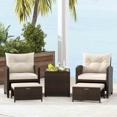 5 Piece Patio Rattan Furniture Setting with 2 Ottomans & Tempered Glass Coffee Table