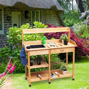 Garden Potting Bench Table, Wooden Potting Work Table w/Open Shelves, Hooks, Removable Sink & Drawer - PatiojoyAU