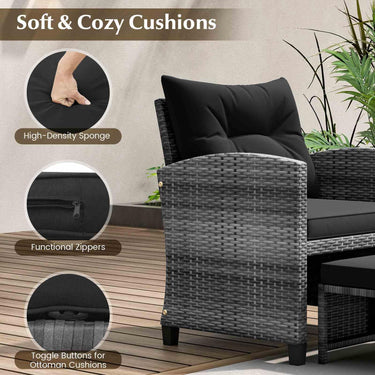 5 Piece Patio Rattan Furniture Setting with 2 Ottomans & Tempered Glass Coffee Table