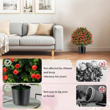 2 Pack Artificial Rose Topiary Ball Tree, Faux Shrub Bushes w/Flowers & Plastic Nursery Pot
