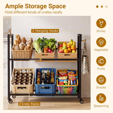 2-Tier Drink Crate Rack, Rolling Bottle Crate Shelf with 4 Universal Wheels, 2 Hooks, 2 Tilt Angles for Beer