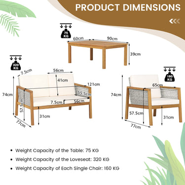 4-Piece Patio Acacia Wood Furniture Set, Outdoor PE Rattan Conversation Set with Removable Cushions