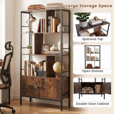 Industrial Tall Bookshelf w/ 3-Tier Shelves & 2-Door Cabinet