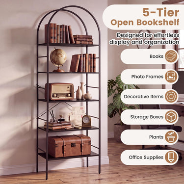 5-Tier Arched Bookcase with Open Wooden Shelves 174 cm Freestanding Bookshelf