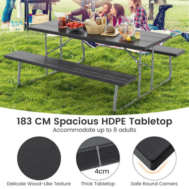 Folding Picnic Table with 2 Benches, 1.8m Camping Table Set w/Metal Frame & All-Weather HDPE Tabletop - PatiojoyAU