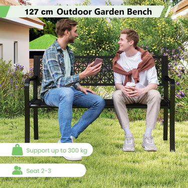 2-3-Person Patio Bench Outdoor Metal Garden Bench with Patterned Backrest and Curved Armrests
