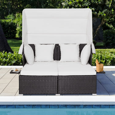 Outdoor Rattan Daybed W/Retractable Canopy Washable Cushion & Pillow