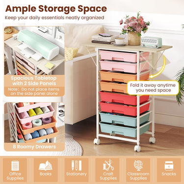 Rolling Cart with 8 Drawers and Foldable Side Panels