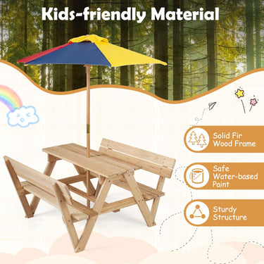Kids Picnic Table, Toddlers' Outdoor Table w/ 2 Built-in Benches