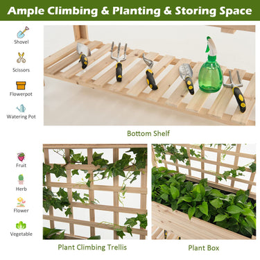 Wooden Raised Garden Bed W/Trellis, Large Plant Box, Open Storage Shelf, Liner, Elevated Plant Box Stand for Climbing Plant