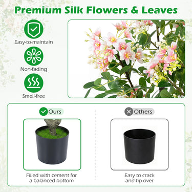36" Artificial Impatiens Blossom Tree, Faux Pink Floral Plant in Cement-Filled Pot
