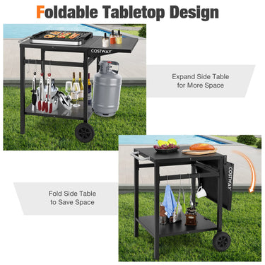 Movable Dining Cart Table Double-Shelf Trolley with Folding Tabletop