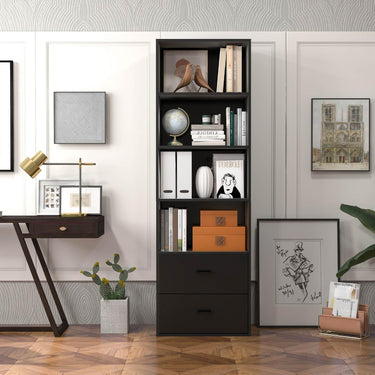6-Tier Modern Bookcase 4-tier Open Bookshelf with 2 Slide-out Drawers