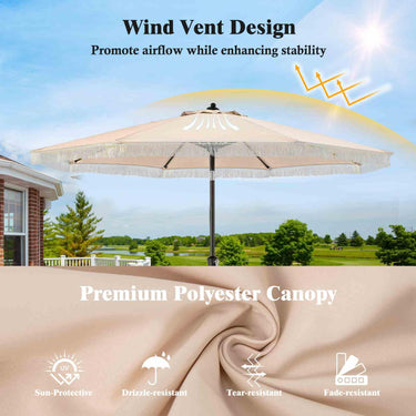 2.8M Patio Umbrella w/Crank Handle, Push Button Tilt, Fringes, 2-Tier Market Table Umbrella w/Sun-Protective Canopy - PatiojoyAU