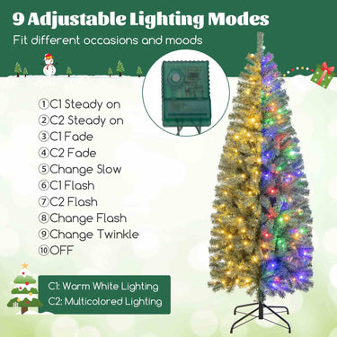 Pre-Lit Blue Artificial Slim Pencil Hinged Holiday Christmas Tree with 9 Modes LED Lights