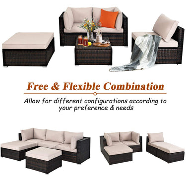 5PCS Patio Rattan Furniture Set Sectional Conversation Set Ottoman Table Beige