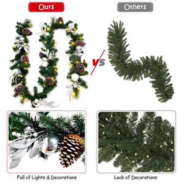2.7M Christmas Garland Wreath with 50 LED Lights and Pinecones for Decorations