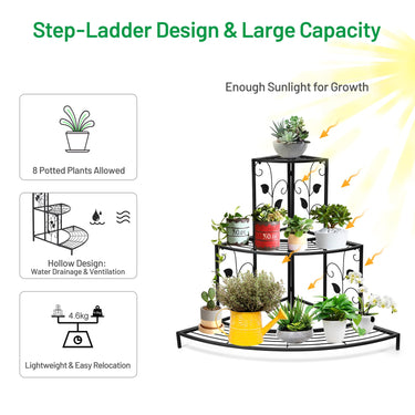 Black Floral Design Metal Step Style 3 Tier Planters Display Stand Corner Shelf Flower Pots
