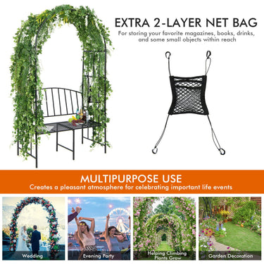 Steel Garden Arch W/2-Seat Bench 116 x 51 x 206 CM Outdoor Arbor for Climbing