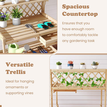 Garden Potting Bench Table, Wooden Planting Workstation w/Lattice Trellis