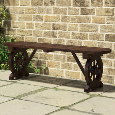 Patio Rustic Wood Bench, Carbonized Wood Long Bench w/Wagon Wheel Base - PatiojoyAU