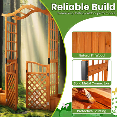 Garden Arbor with Gate and 2 Planter Boxes, 210cm Wooden Garden Arch