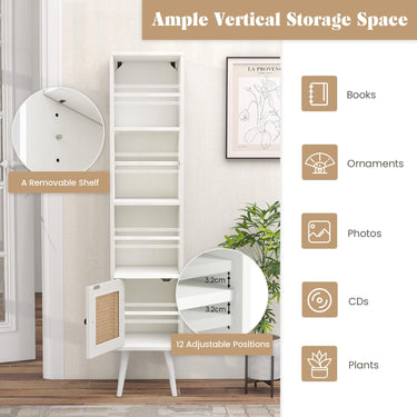 Freestanding Slim Cabinet with Rattan Door and Solid Wood Legs