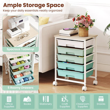 5-Drawer Rolling Cart with Wooden Tabletop and Metal Frame