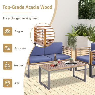 4 Piece Patio Chair Set, Acacia Wood Chair Set w/ 2 Chairs, 1 Loveseat & 1 Coffee Table - PatiojoyAU