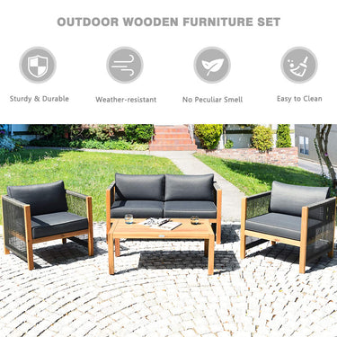 4PCS Acacia Wood Outdoor Patio Furniture Set Cushioned Sofa W/Nylon Rope Armrest