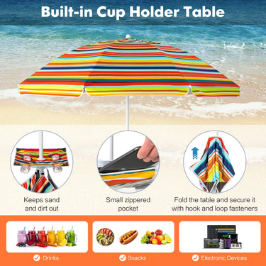 196 CM Beach Umbrella W/Cup Holder Table & Sandbag, Portable Outdoor Sunshade Umbrella W/Carry Bag - PatiojoyAU