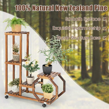 5 Tiers Wood Plant Stand, Rolling Flower Rack w/ Octagonal Design