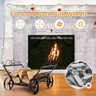 Decorative Firewood Rack, Rustproof Steel Log Storage Rack w/ 4 Wheels - PatiojoyAU
