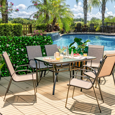7-Piece Patio Dining Set, Outdoor Dining Table Set with 6 Stackable Chairs and 140 cm Tempered Glass Rectangular Table with Umbrella Hole