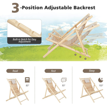 Outdoor Folding Sling Chair, Solid Fir Wood Lounge Chair with 3-Level Adjustable Backrest and Soft Padded Headrest - PatiojoyAU