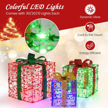 Set of 3 Christmas Lighted Gift Boxes with Pre-Made Bow & Flashing Colorful LED Lights