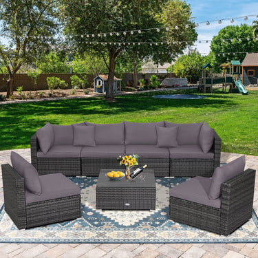 7 Piece Outdoor Sofa Set, Patio Rattan Conversation Set w/Seat & Back Cushions