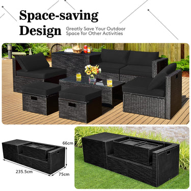 8 Piece Outdoor Patio Furniture Set, Outdoor Space-Saving PE Rattan Conversation Set with Storage Box, Tempered Glass Table