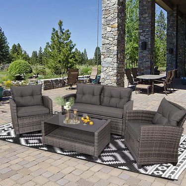 Outdoor Conversation Rattan Sofa Chair Set with Padded Cushion & Tempered Glass Coffee Table