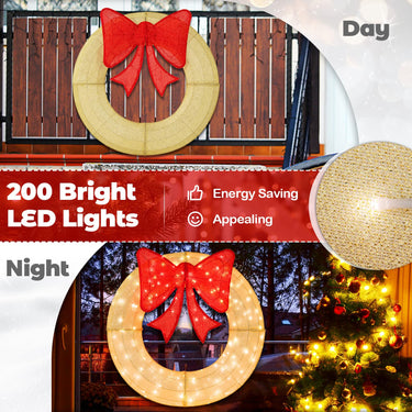 122 CM Pre-Lit Lighted Christmas Mesh Wreath with Large Bow & 200 LED Bulbs
